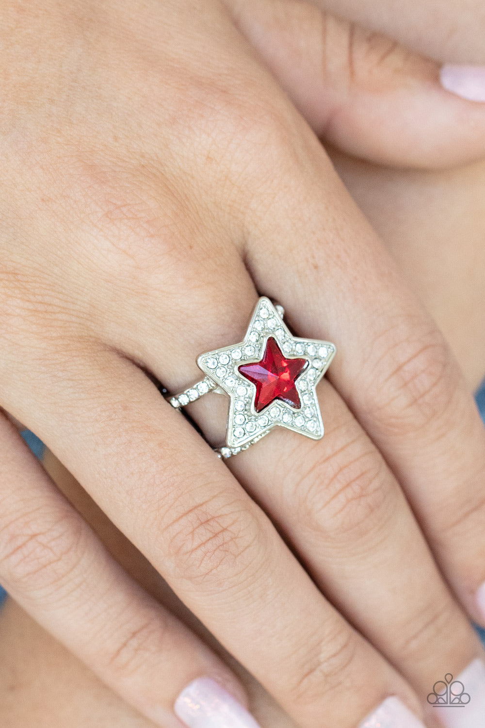 One Nation Under Sparkle - Red Star Gem & White Rhinestone Patriotic Ring Paparazzi R0519