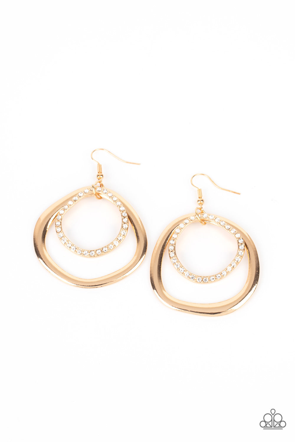 Spinning With Sass - Gold White Rhinestone Earring Paparazzi E0357