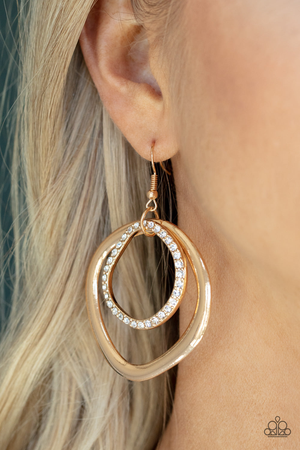 Spinning With Sass - Gold White Rhinestone Earring Paparazzi E0357