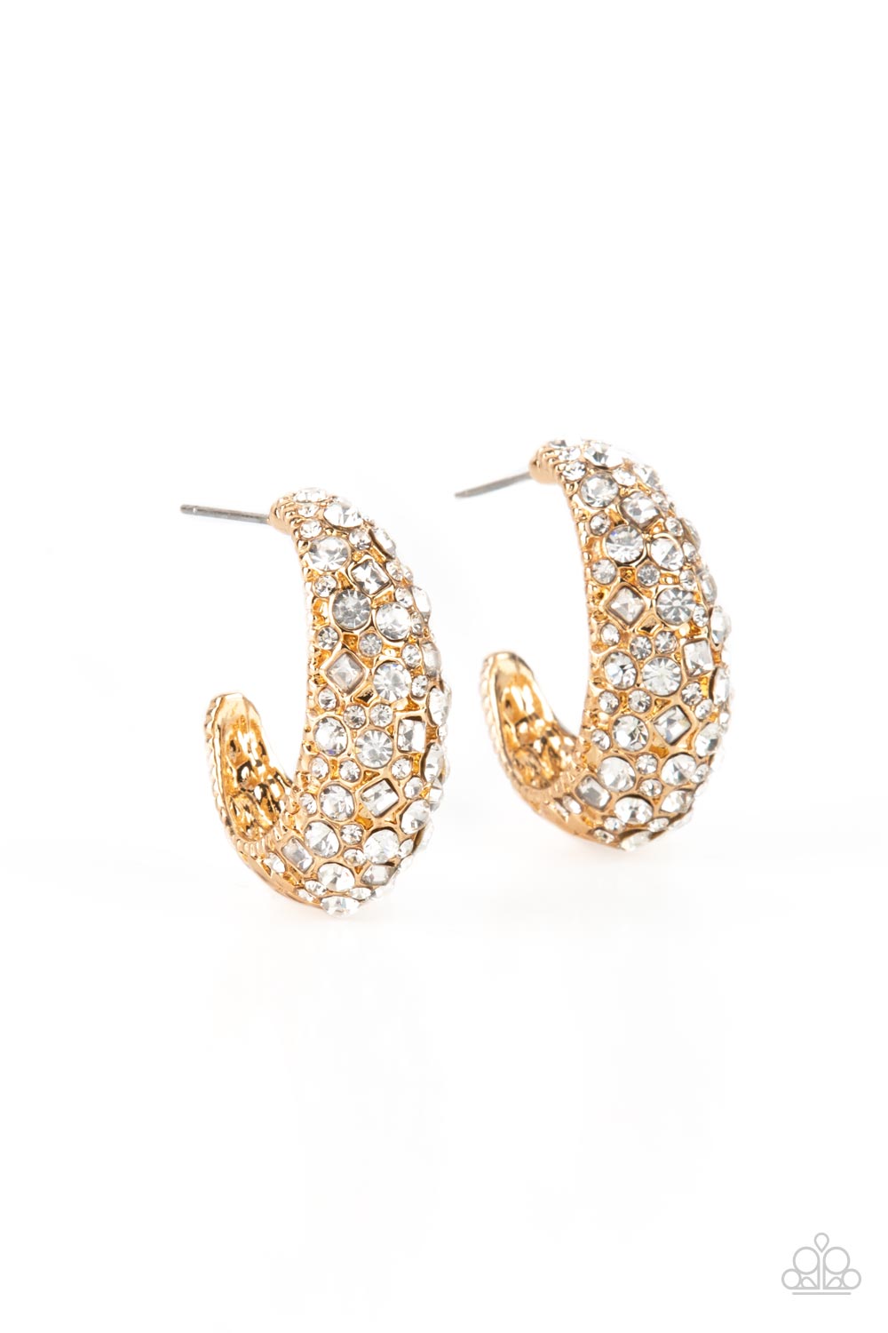 Glamorously Glimmering - Gold Rhinestone Encrusted 3/4 Inch Hoop Earring Paparazzi E1106