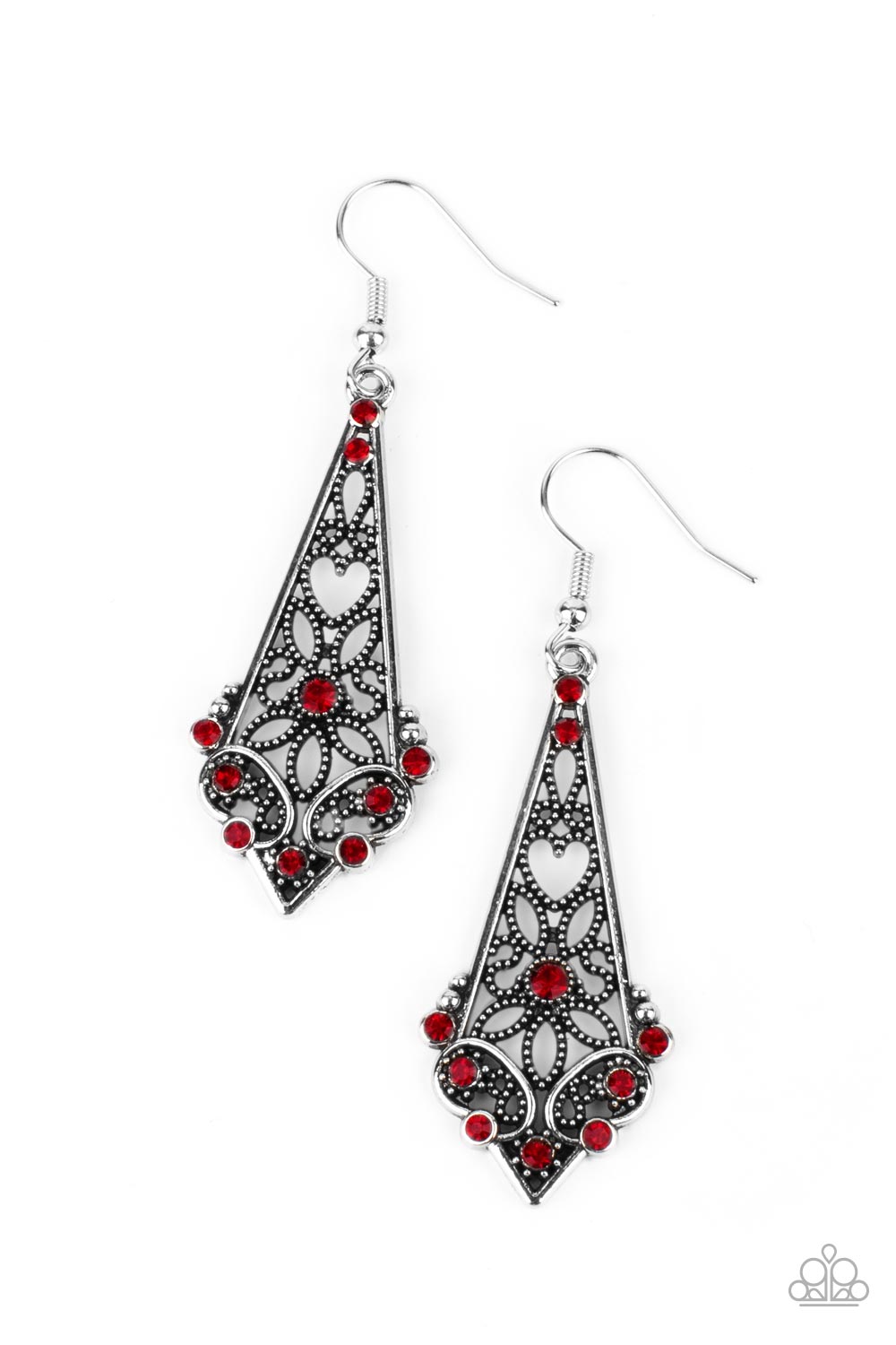 Casablanca Charisma - Red Silver Heart and Flower Filigree Earring Paparazzi E0756