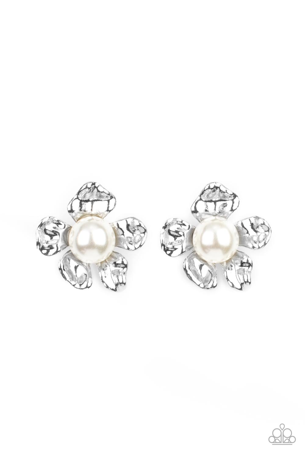 Apple Blossom Pearls - White Pearl Bead Silver Apple Blossom Flower Post Earring Paparazzi E1154