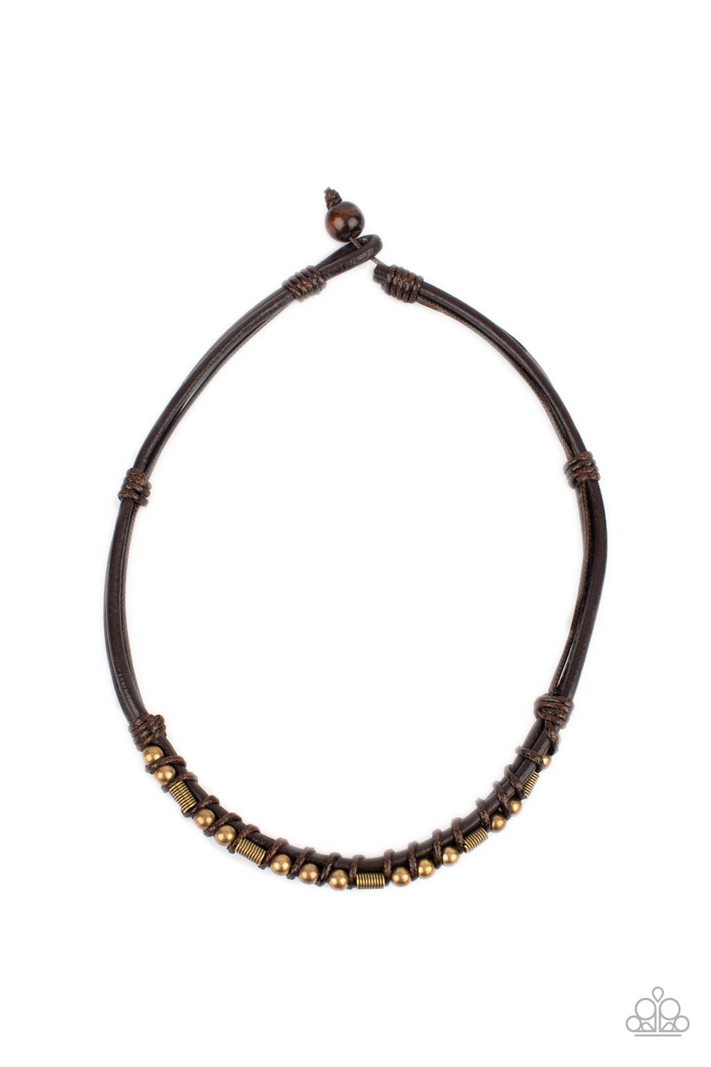 Westside Wrangler - Brass And Brown Leather Urban Button Loop Closure Necklace Paparazzi N1149