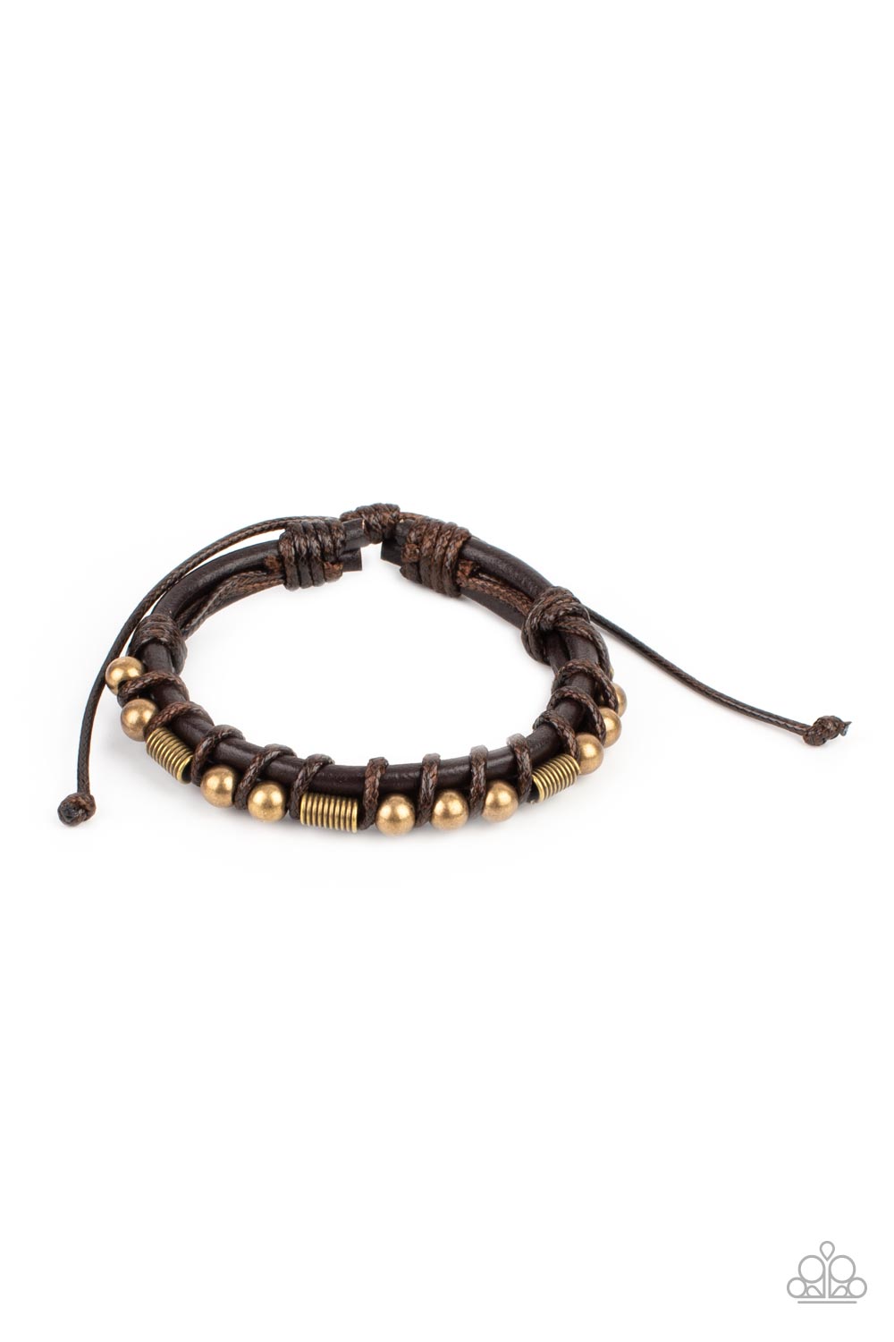 Bronco Brawler - Brass And Brown Leather Urban Sliding Knot Closure Bracelet Paparazzi B0572