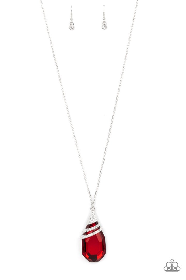 Demandingly Diva Red Oversized Teardrop Gem White Rhinestone Pendant Necklace Paparazzi N0317