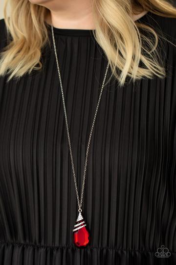 Demandingly Diva Red Oversized Teardrop Gem White Rhinestone Pendant Necklace Paparazzi N0317