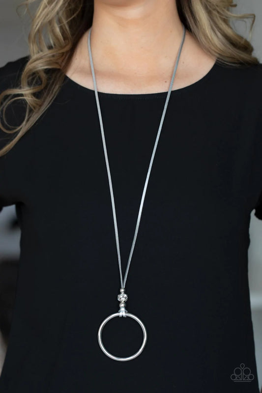 Bling Into Focus Silver Circle Gray Leather Cording Necklace Paparazzi N1091