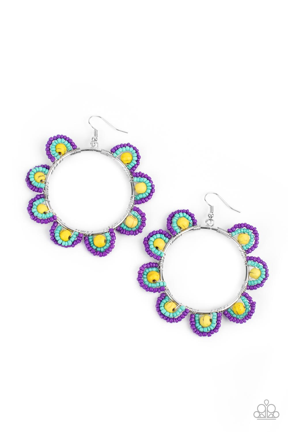 Groovy Gardens - Yellow Stone And Purple And Turquoise Seed Bead Earrings Paparazzi E0796