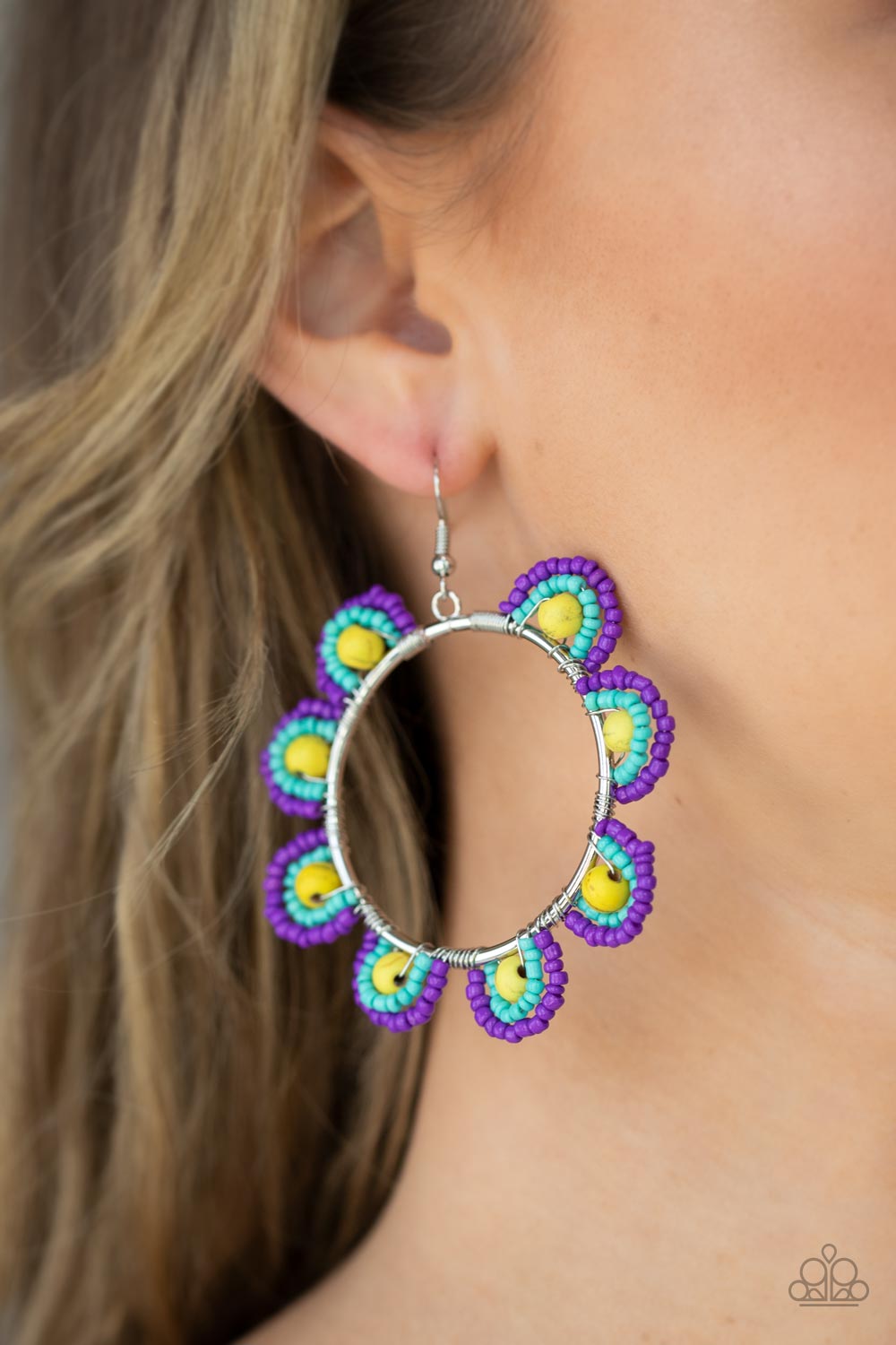 Groovy Gardens - Yellow Stone And Purple And Turquoise Seed Bead Earrings Paparazzi E0796