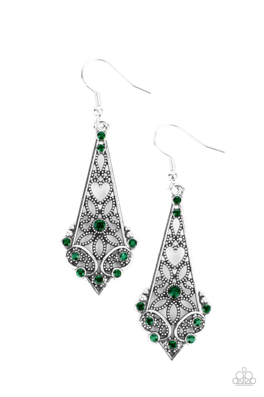 Casablanca Charisma - Green Silver Heart Flower Filigree Earring Paparazzi E0492