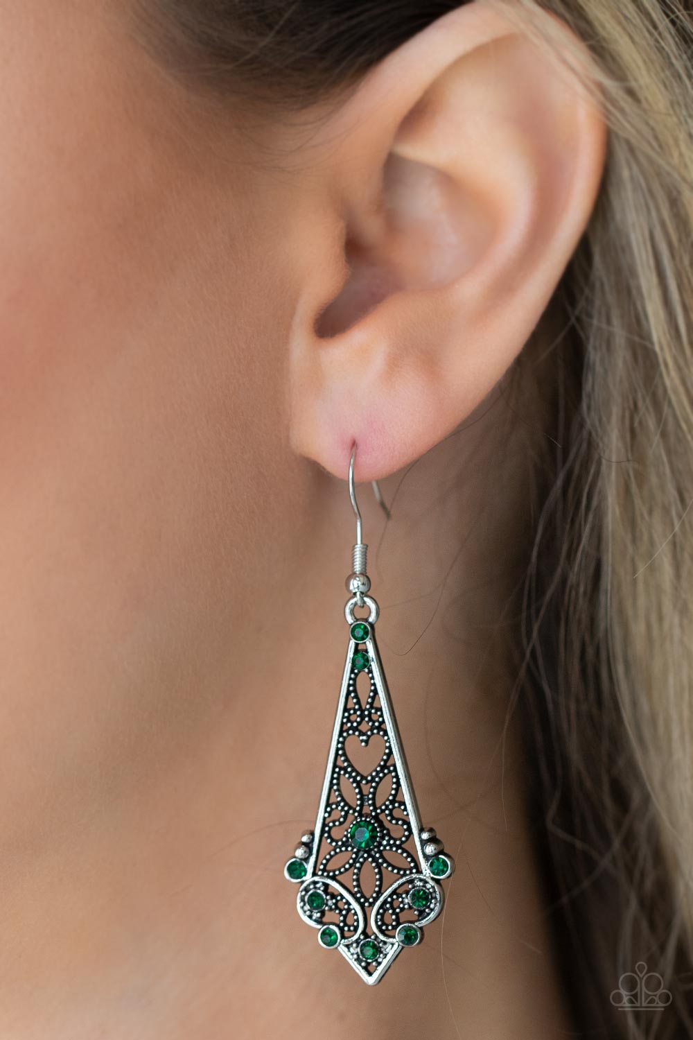 Casablanca Charisma - Green Silver Heart Flower Filigree Earring Paparazzi E0492