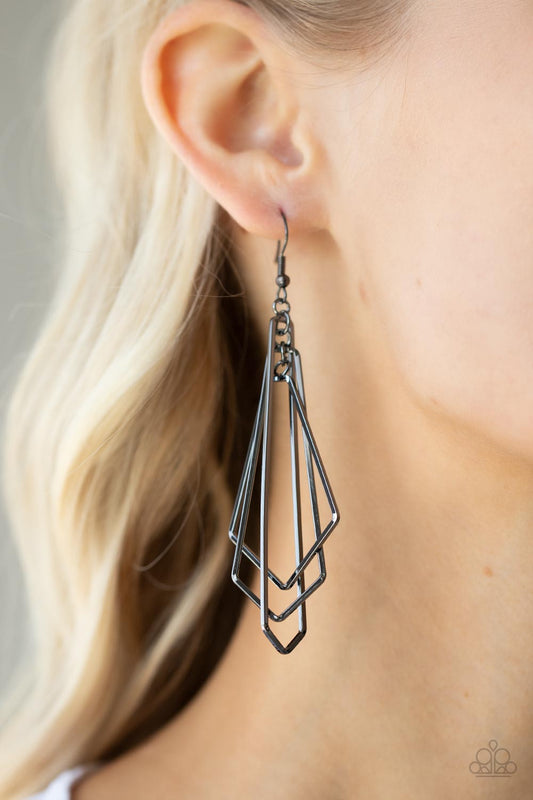 Shape Shifting Shimmer - Black Gunmetal Geometric Metallic Tassel Earring Paparazzi E0831