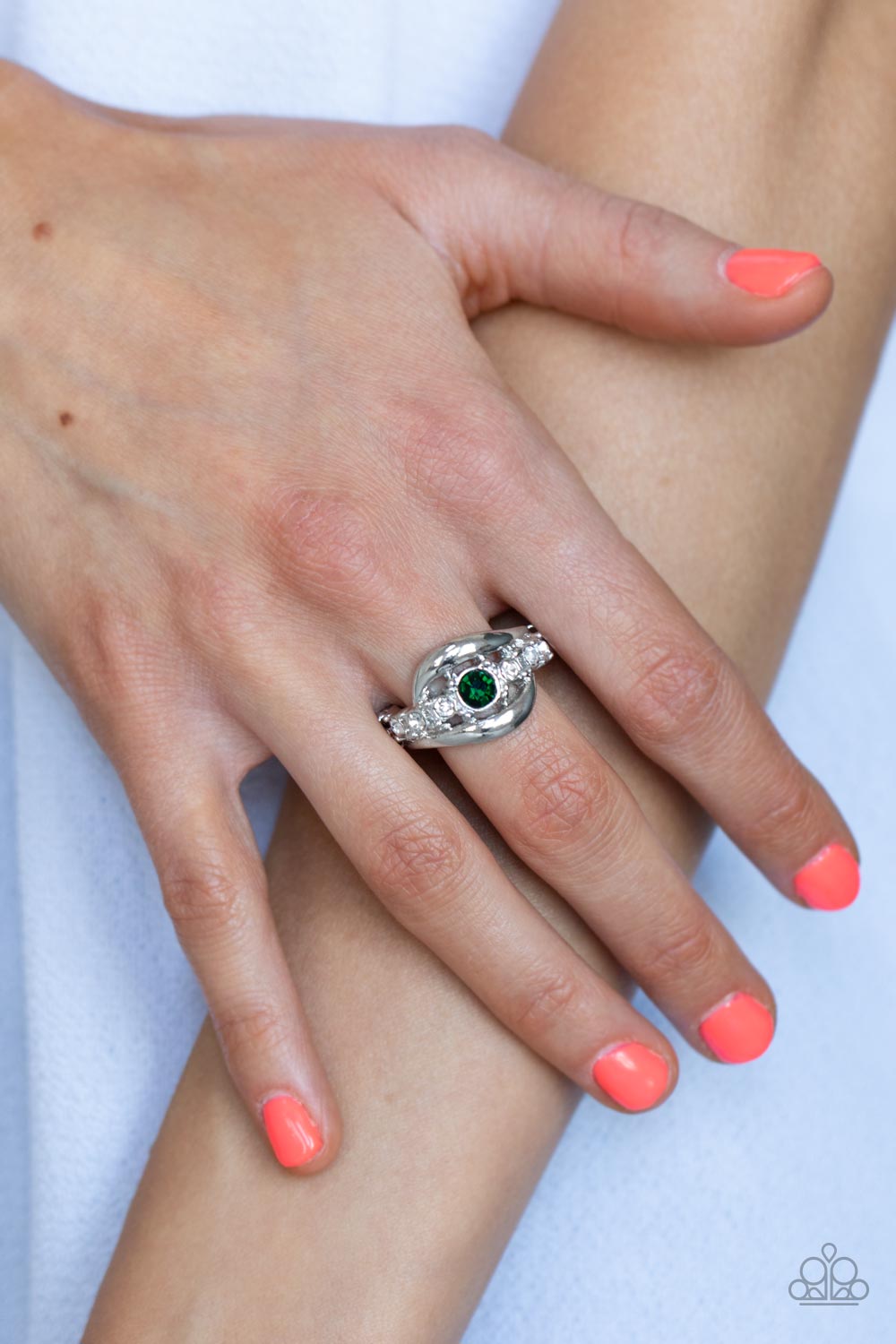 Graceful Gallantry - Green & White Rhinestone Ring Paparazzi R0479