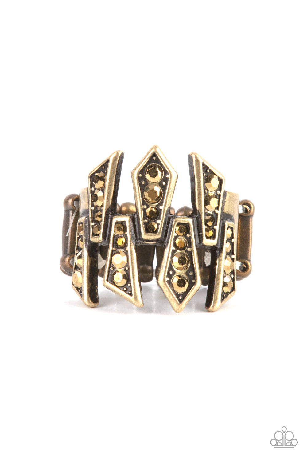 Juxtaposed Jewels - Brass Aurum Rhinestone Ring Paparazzi R0273