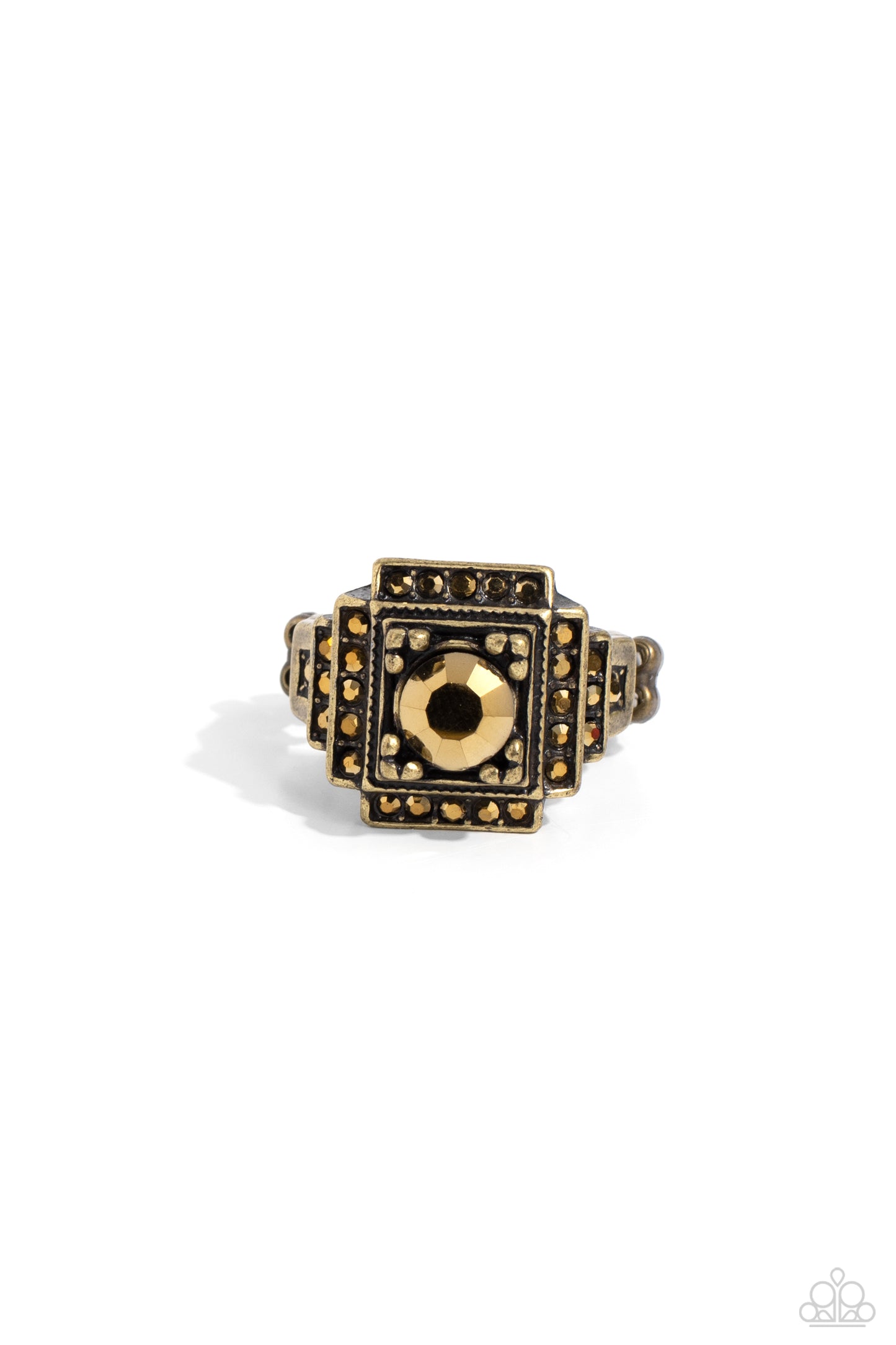 Polished Pantheon - Brass & Aurum Rhinestone Ring Paparazzi R0631