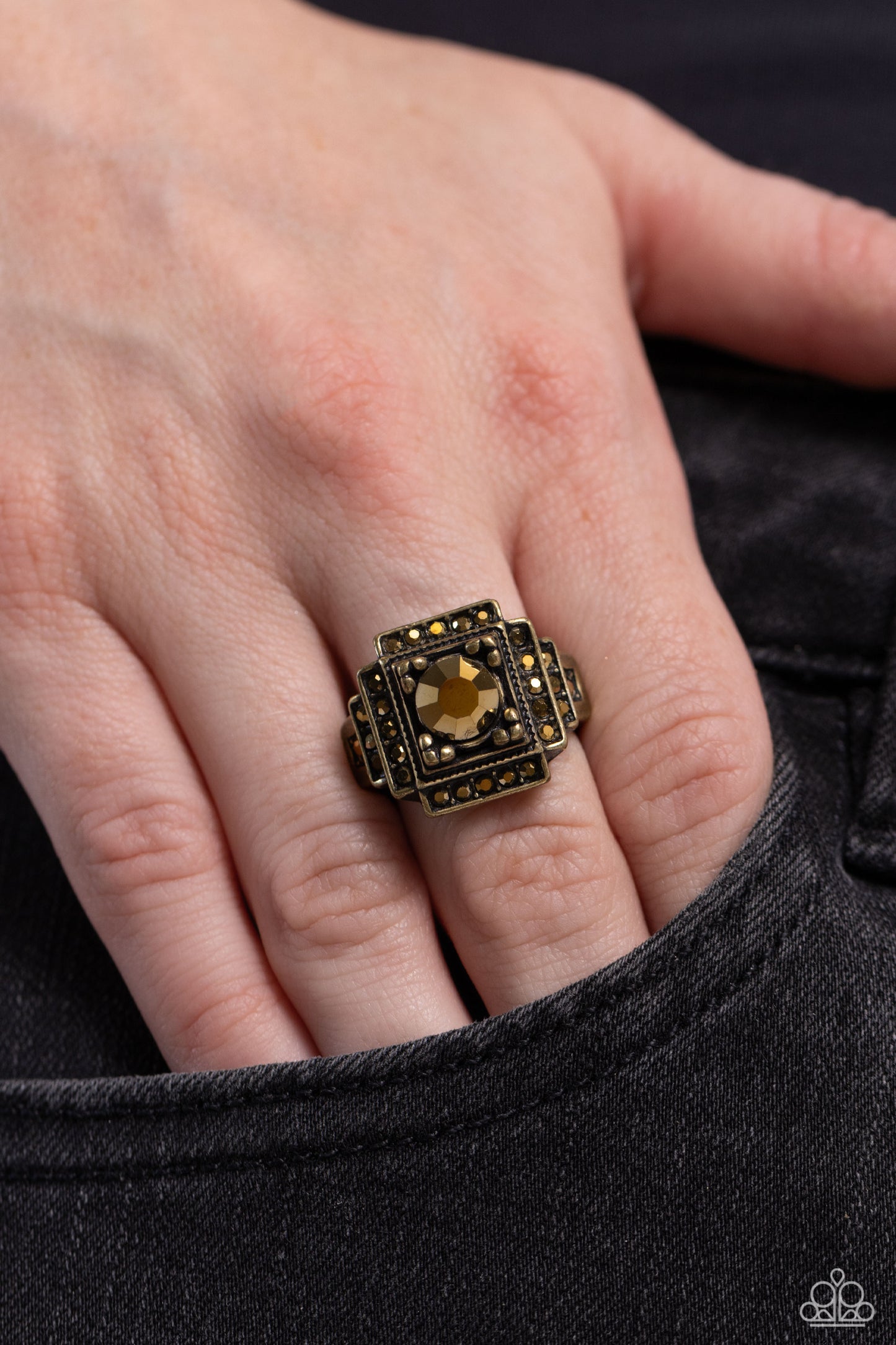 Polished Pantheon - Brass & Aurum Rhinestone Ring Paparazzi R0631