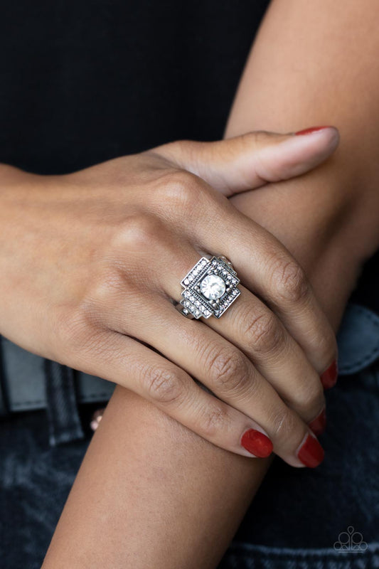 Polished Pantheon - White Rhinestone Stacked Ring Paparazzi R0456