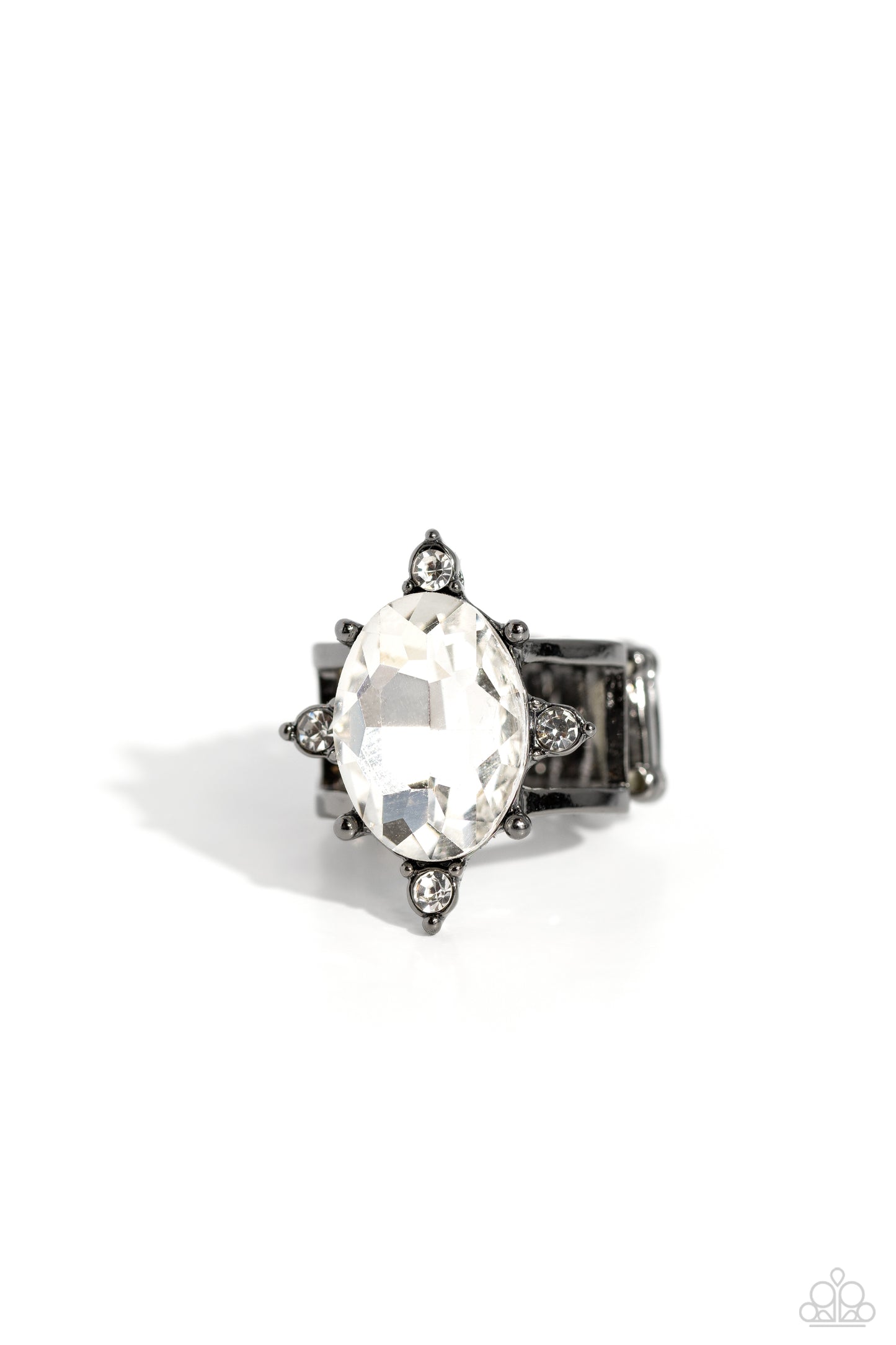 Sensational Sparkle - Black Gunmetal White Oversized Gem & Rhinestone Ring