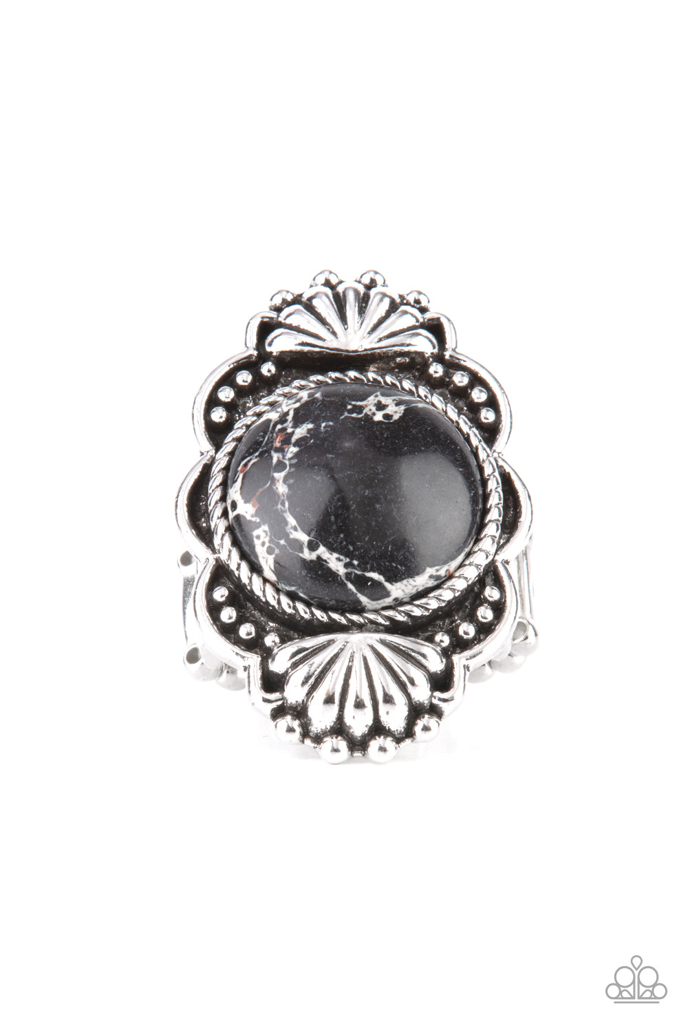 Atlantis Adventure - Black Stone Silver Seashell Santa Fe Style Ring Paparazzi R0286