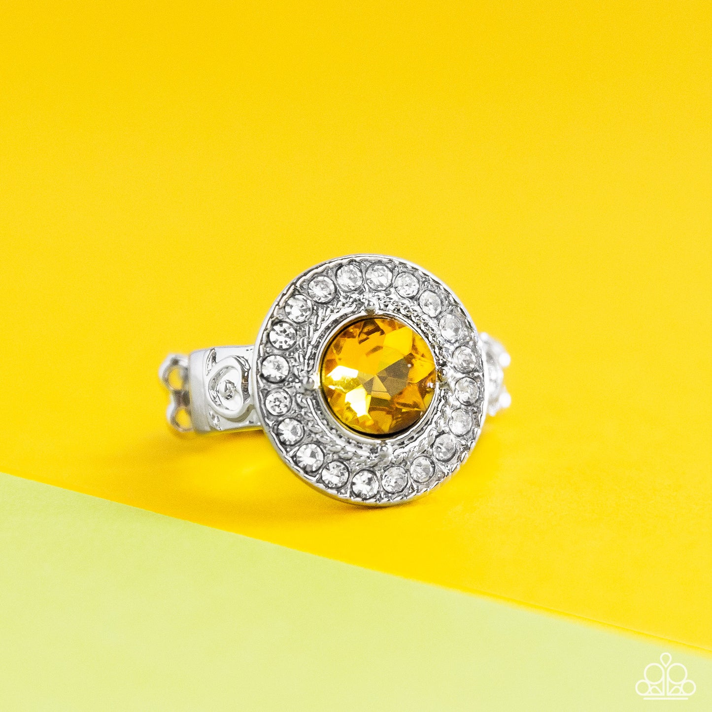 Targeted Timelessness - Yellow Gem White Rhinestone Ring Paparazzi R0469