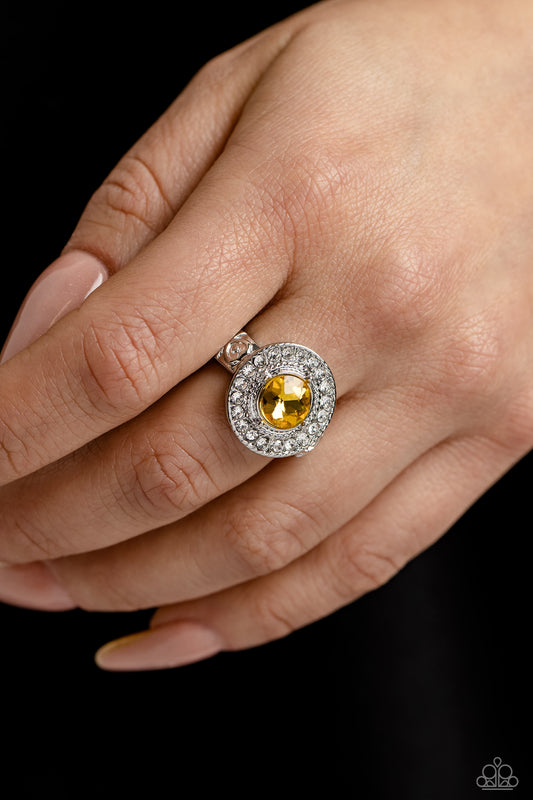 Targeted Timelessness - Yellow Gem White Rhinestone Ring Paparazzi R0469