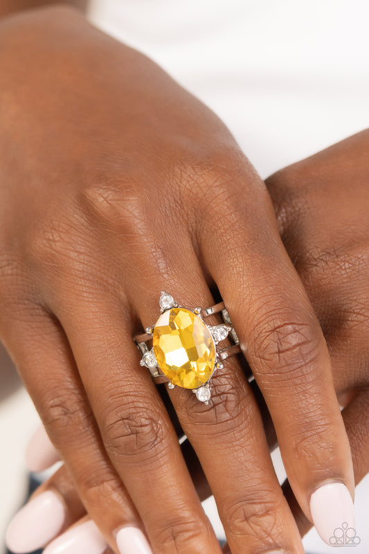 Sensational Sparkle - Yellow Oversized Gem & White Rhinestone Ring Paparazzi R0607