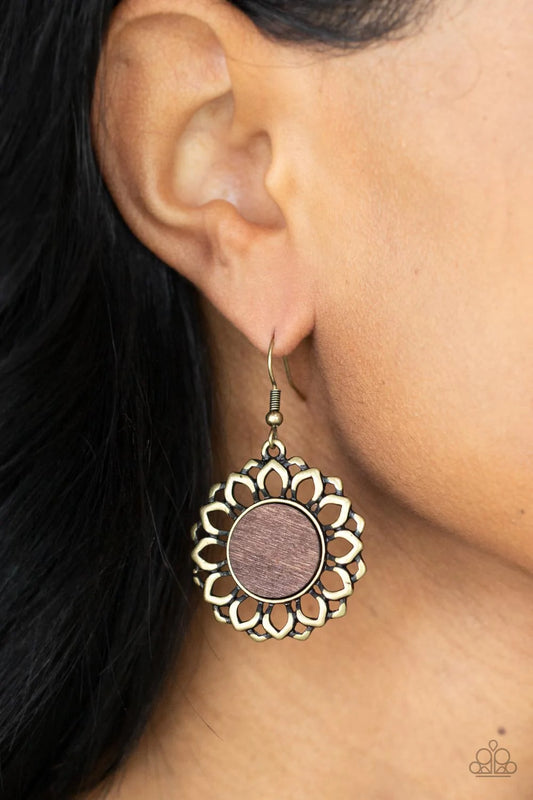 Farmhouse Fashionista Brass Floral Brown Wooden Center Earring Paparazzi E0782