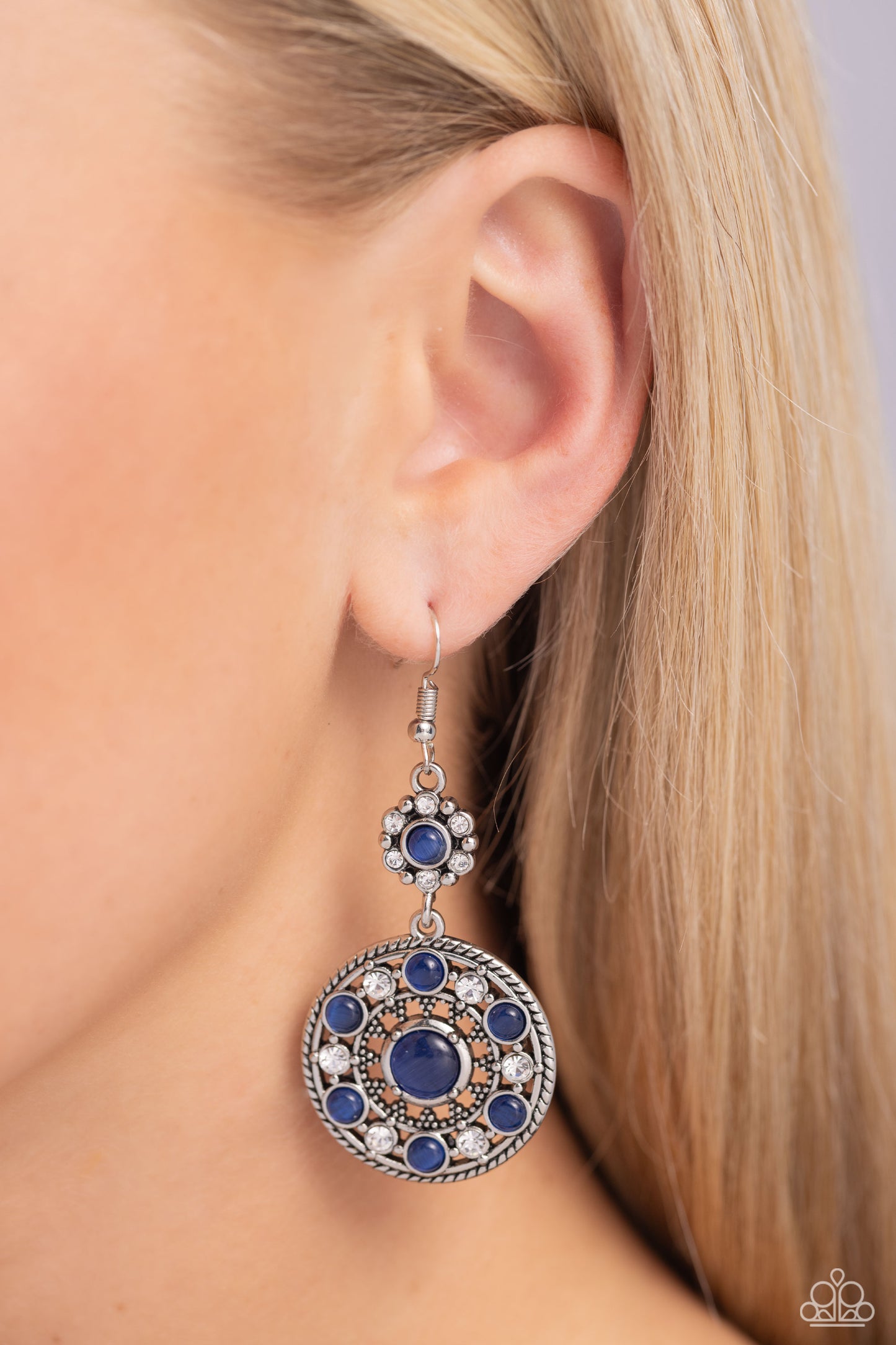 Party at My PALACE - Blue - Mykonos Blue Cat's Eye Stone & Glassy White Rhinestone Earring Paparazzi E1846