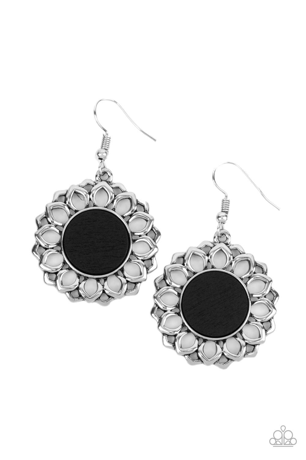 Farmhouse Fashionista - Black Floral Silver Petal Earring Paparazzi E0645