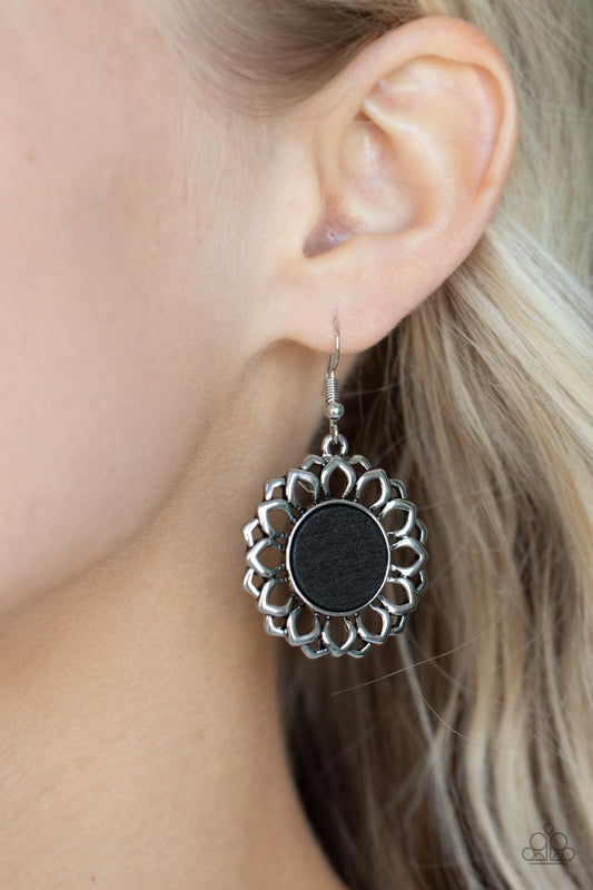 Farmhouse Fashionista - Black Floral Silver Petal Earring Paparazzi E0645