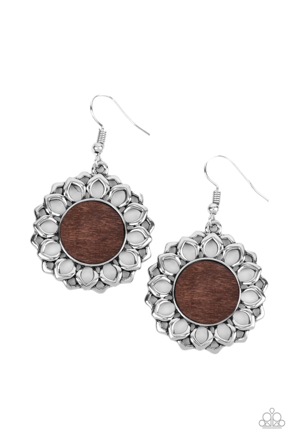 Farmhouse Fashionista - Brown Silver Floral Wooden Center Earring Paparazzi E0569