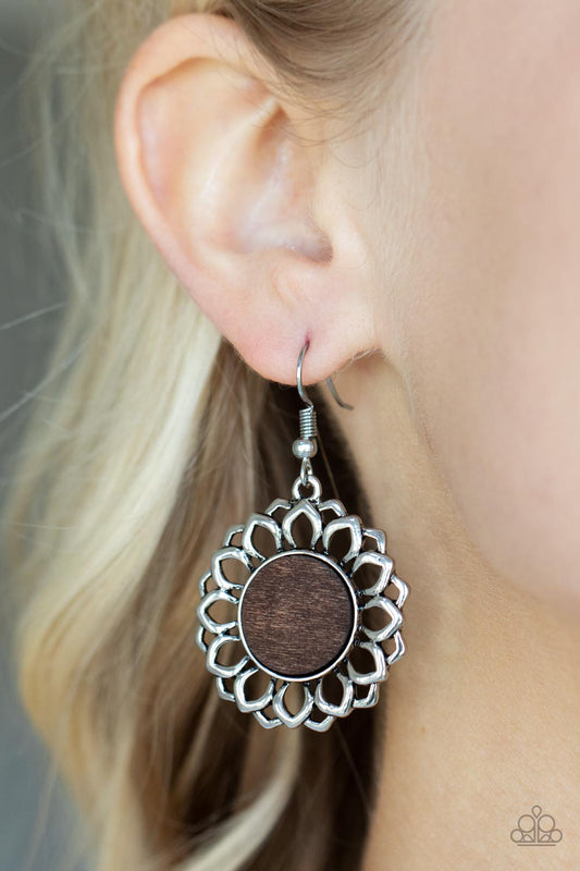 Farmhouse Fashionista - Brown Silver Floral Wooden Center Earring Paparazzi E0569