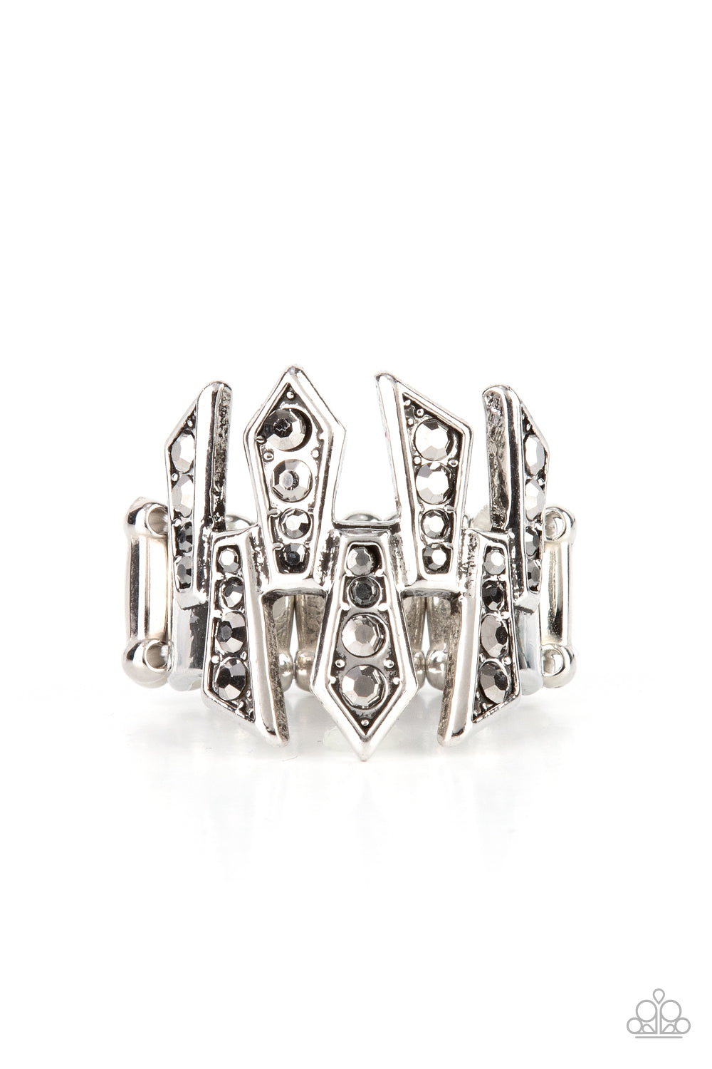 Juxtaposed Jewels - Silver Hematite Rhinestone Ring Paparazzi R0353