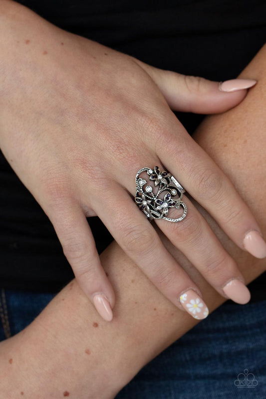 Flirtatiously Flowering - Purple Amethyst & White Rhinestone Silver Ring Paparazzi R0427