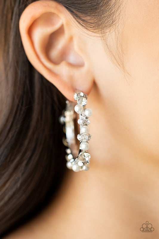 Let There Be SOCIALITE - White Rhinestone & Pearl Earring September 2021 Life Of The Party Paparazzi E0235