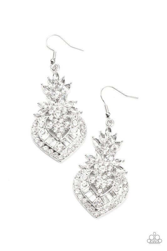 Royal Hustle White Rhinestone Earring August 2021 Life Of The Party Paparazzi E0146