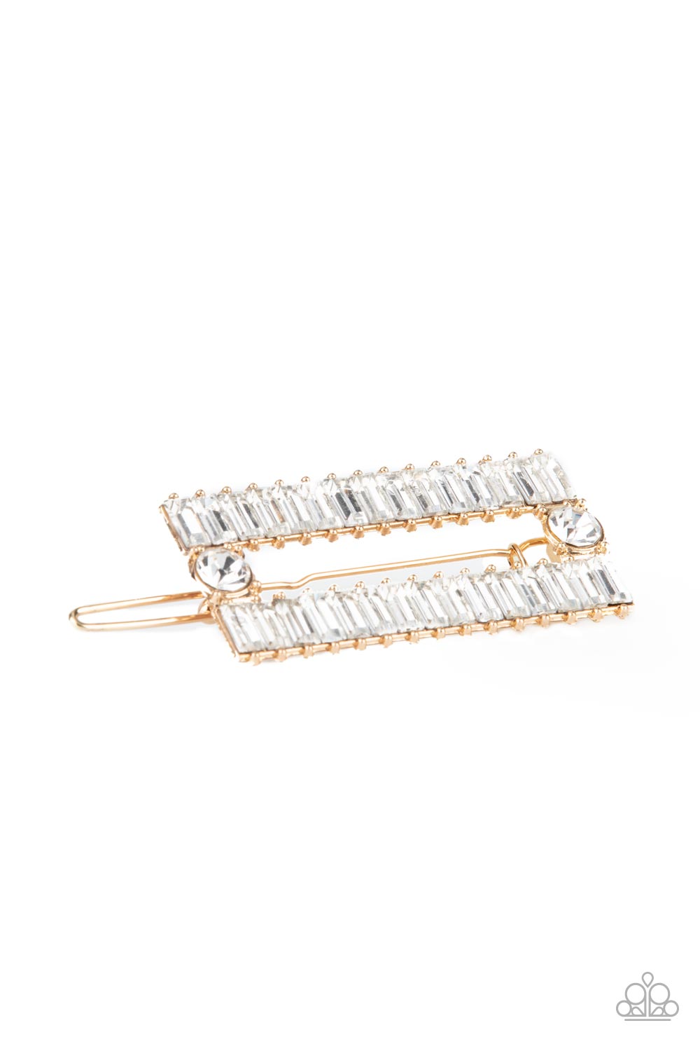 Deco Dynasty - Gold White Rhinestone Barrette Style Hair Clip Paparazzi H0098