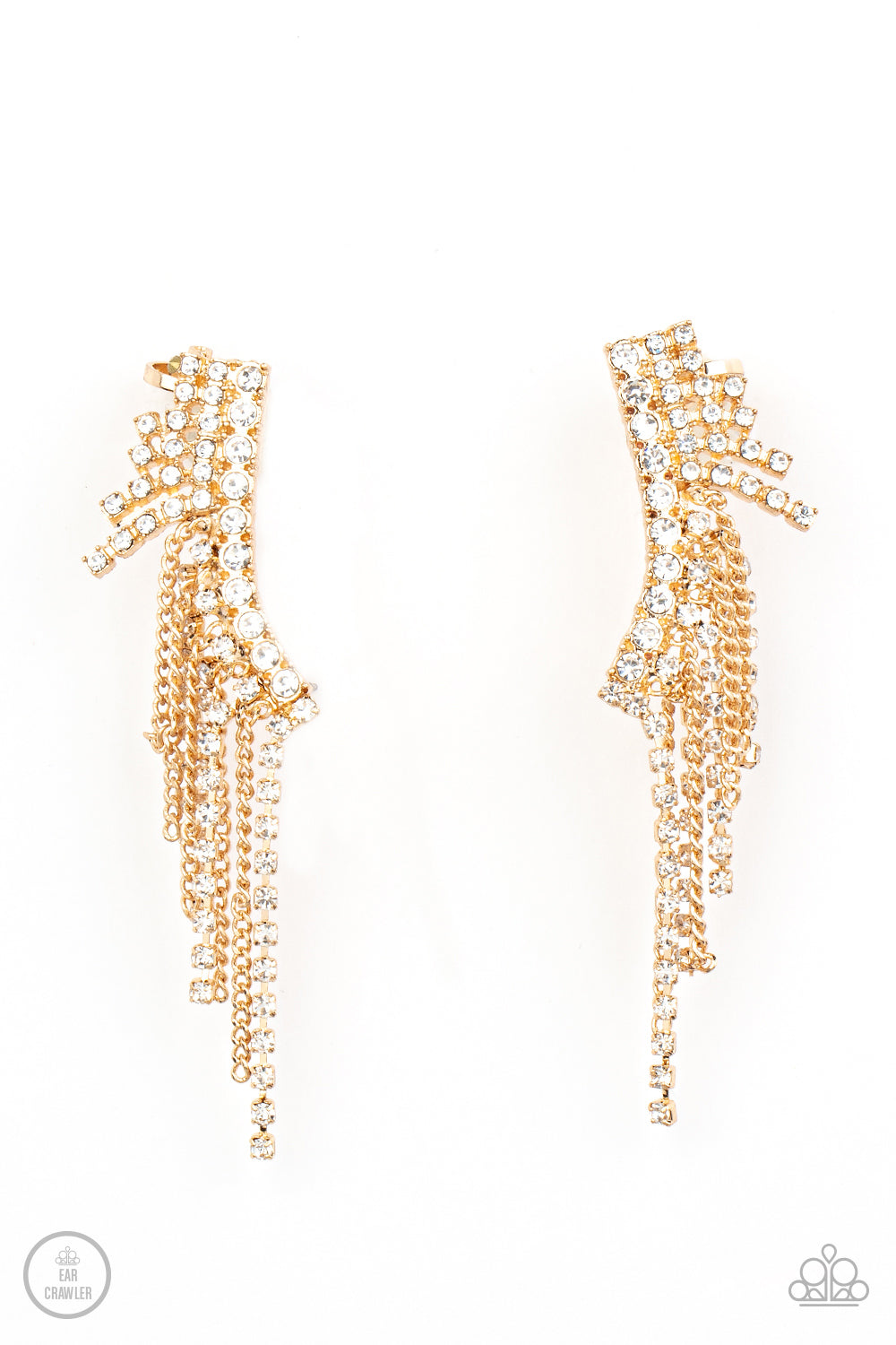 Thunderstruck Sparkle - Gold Chain White Rhinestone Ear Crawler E1161