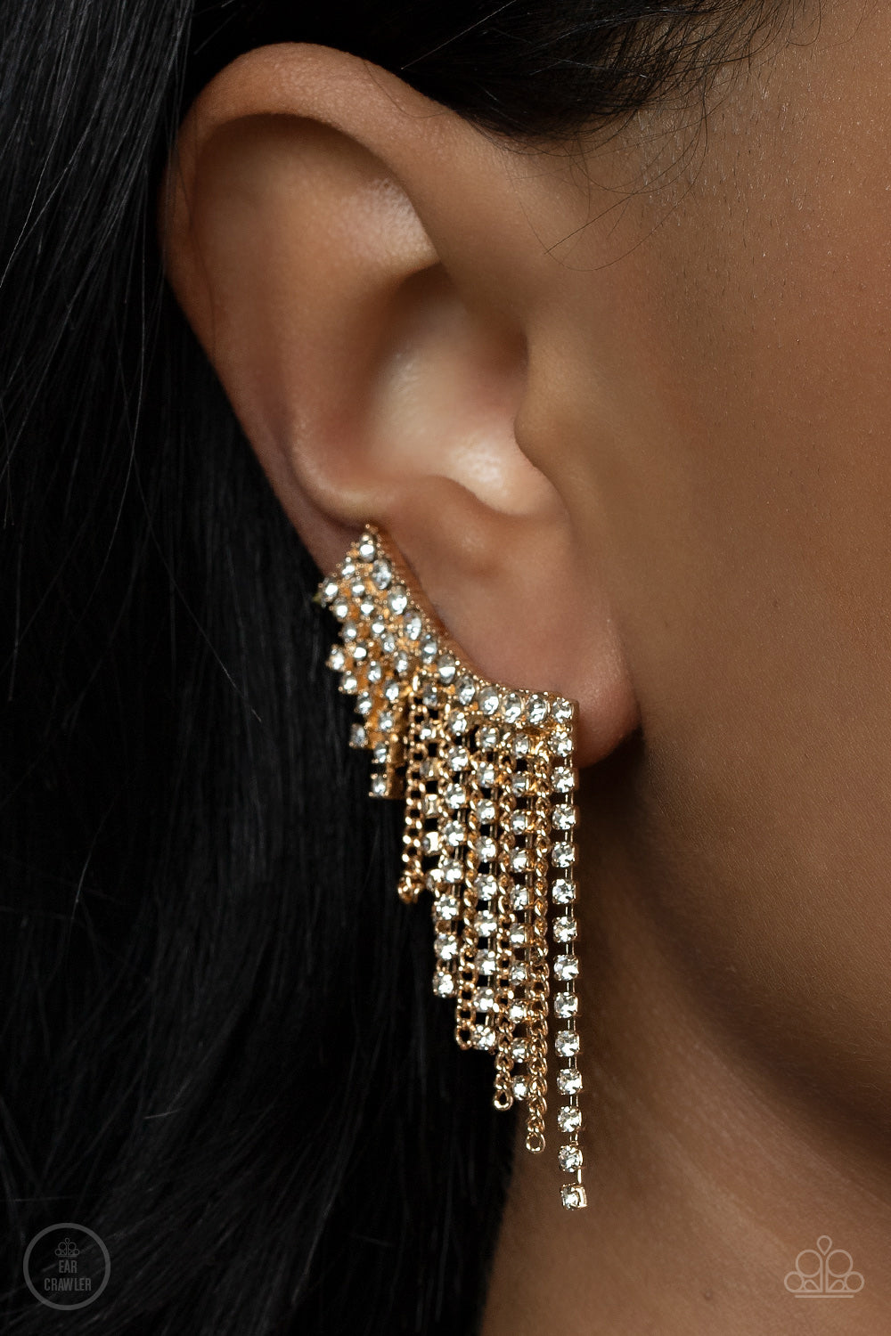 Thunderstruck Sparkle - Gold Chain White Rhinestone Ear Crawler E1161