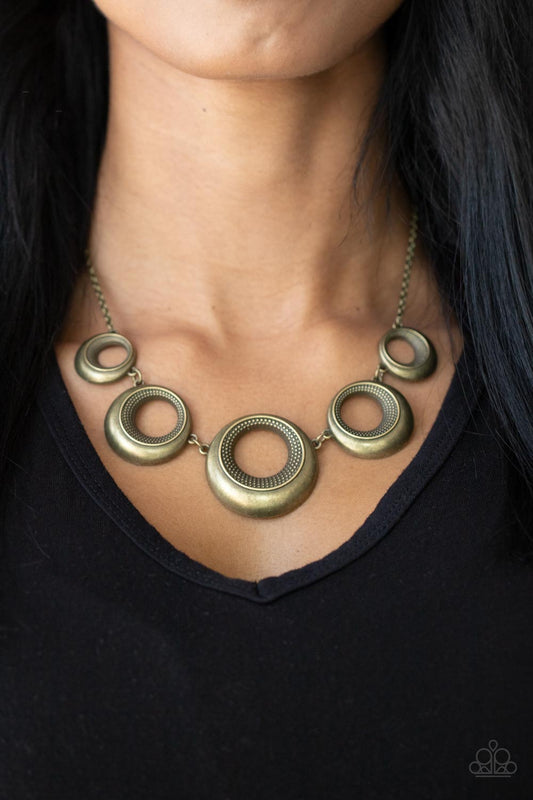 Solar Cycle Brass Antiqued Hoop Necklace Paparazzi N0829