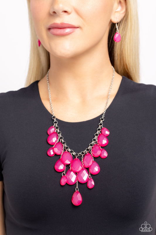 Front Row Flamboyance - Pink Faceted Teardrop Fringe Necklace Paparazzi N2126