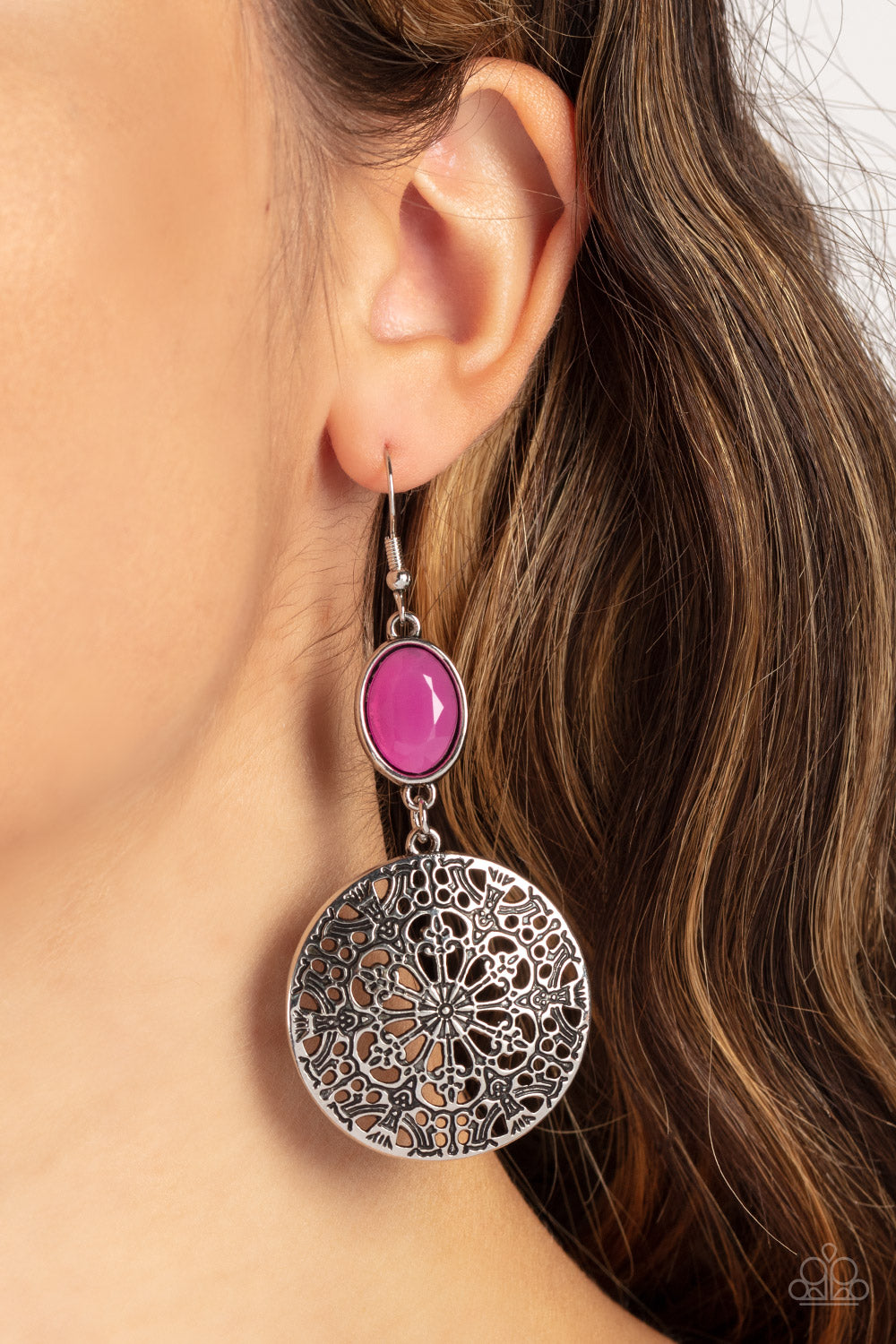 Eloquently Eden - Pink Fuchsia Fedora Bead Filigree Earring Paparazzi E1267