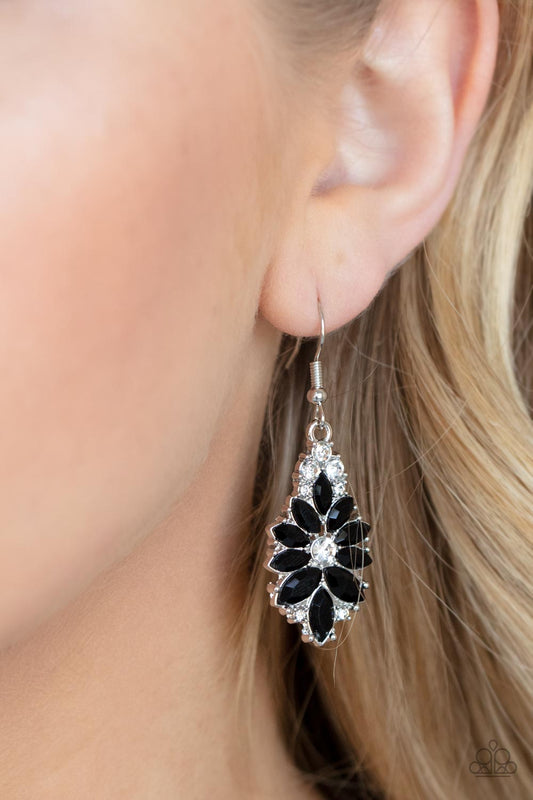 Gala Goddess - Black White Floral Rhinestone Earring Paparazzi E0762