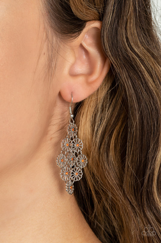 Bustling Blooms - Orange Rhinestone Floral Earring Paparazzi E0847