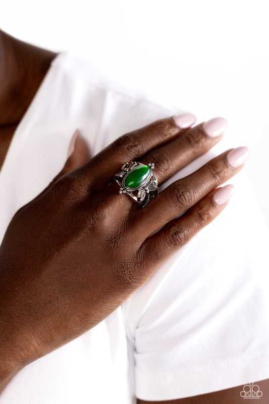 Dance of the Dragonflies - Green Gem & Antiqued Silver Dragonfly Ring Paparazzi R0408