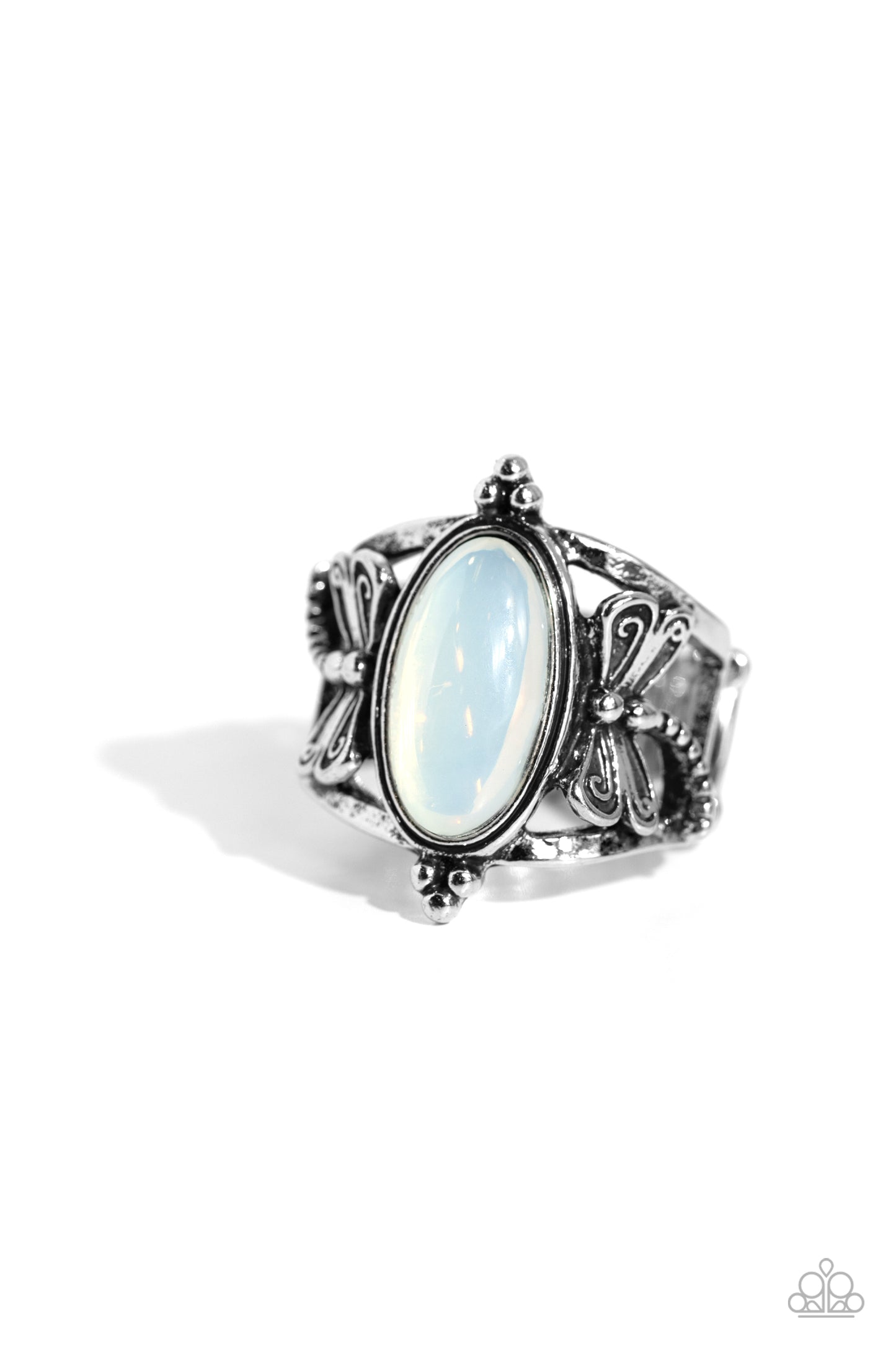 Dance of the Dragonflies - White Opal Antiqued Silver Dragonfly Ring Paparazzi R0237