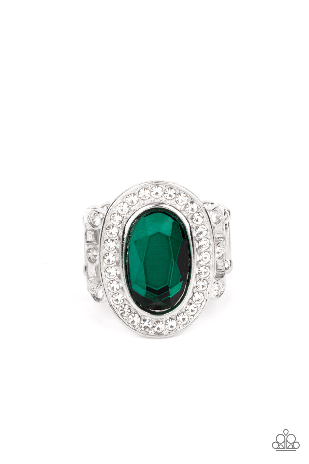 Always OVAL-achieving - Green Gem White Rhinestone Ring Paparazzi R0541