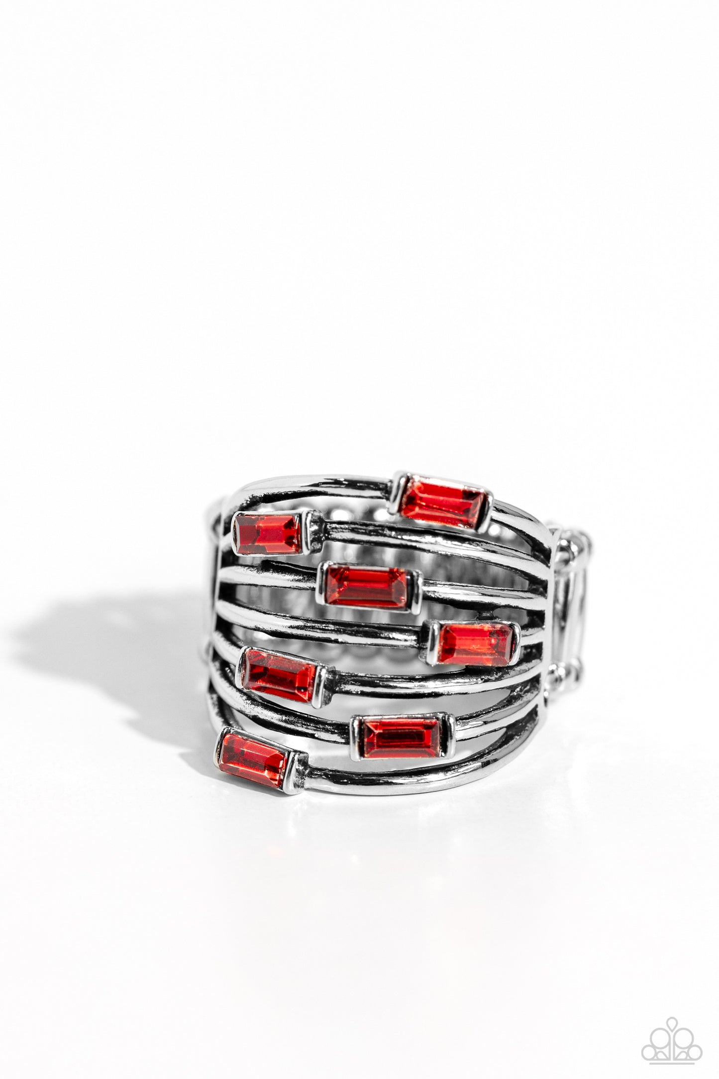 Exceptional Edge - Red Emerald Cut Rhinestone Silver Ring Paparazzi R0618