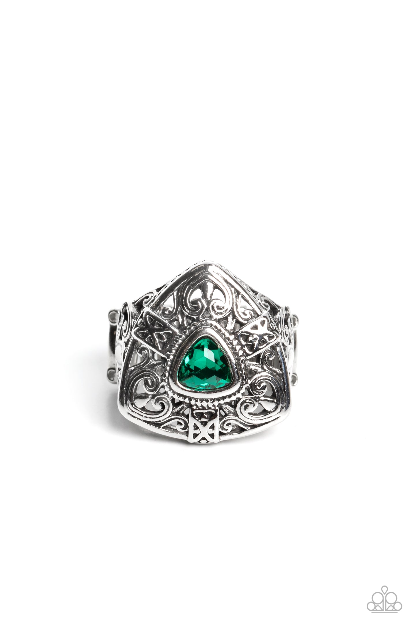 Charismatic Couture - Green Rhinestone Silver Filigree Ring Paparazzi R0579