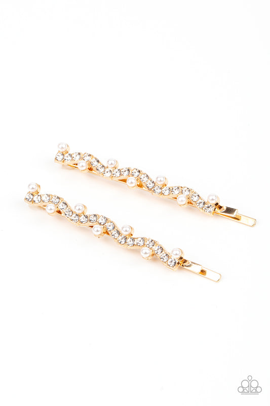 Ballroom Banquet - Gold, White Rhinestone & Pearl Hair Pin Paparazzi H0009